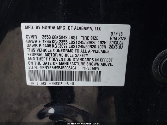 Продаж на аукціоні авто 2018 Honda Pilot Touring, vin: 5FNYF6H95JB006404, номер лоту: 45816309