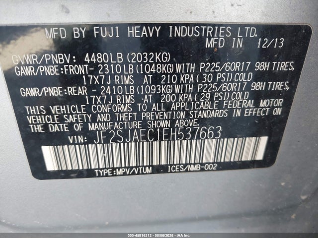 Продажа на аукционе авто 2014 Subaru Forester 2.5i Premium, vin: JF2SJAEC1EH537663, номер лота: 45816312