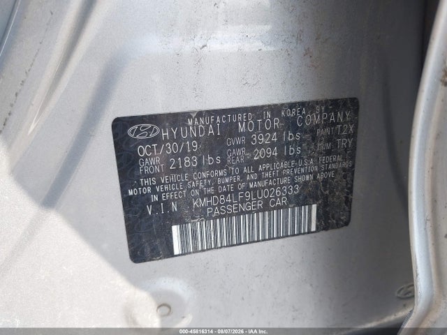 Aukcja sprzedaży 2020 Hyundai Elantra Sel, vin: KMHD84LF9LU026333, numer aukcji: 45816314