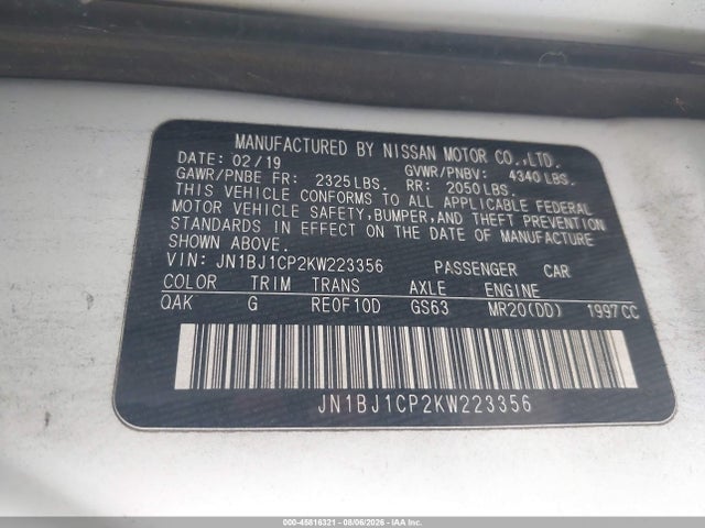 2019 Nissan Rogue Sport S მანქანა იყიდება აუქციონზე, vin: JN1BJ1CP2KW223356, აუქციონის ნომერი: 45816321