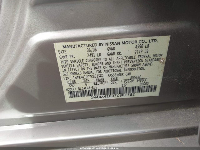 2007 Nissan Maxima 3.5 Sl მანქანა იყიდება აუქციონზე, vin: 1N4BA41E07C801582, აუქციონის ნომერი: 45816333