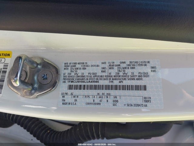Продажа на аукционе авто 2020 Ford Escape Sel, vin: 1FMCU9H94LUA49946, номер лота: 45816342