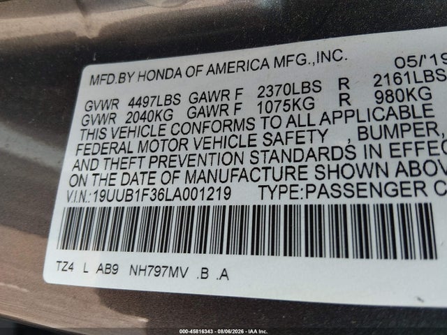 45816343 :رقم المزاد ، 19UUB1F36LA001219 vin ، 2020 Acura Tlx Standard مزاد بيع