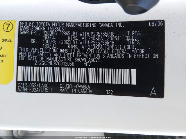 Aukcja sprzedaży 2007 Lexus Rx 350, vin: 2T2GK31U97C012056, numer aukcji: 45816347