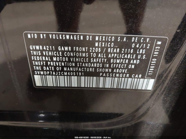 Aukcja sprzedaży 2012 Volkswagen Jetta 2.5l Se, vin: 3VWDP7AJ2CM405191, numer aukcji: 45816350