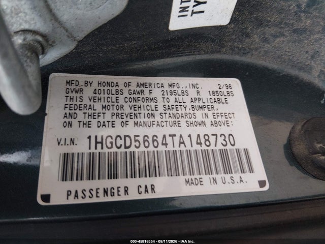 1996 Honda Accord Ex მანქანა იყიდება აუქციონზე, vin: 1HGCD5664TA148730, აუქციონის ნომერი: 45816354