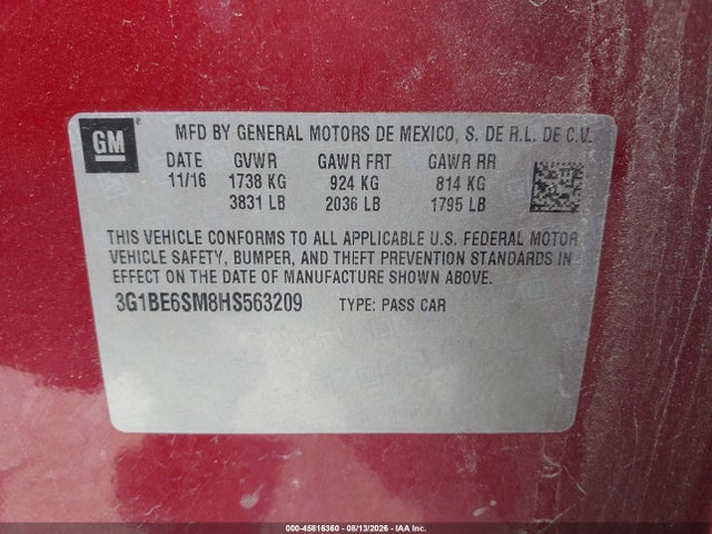 45816360 :رقم المزاد ، 3G1BE6SM8HS563209 vin ، 2017 Chevrolet Cruze Lt Auto مزاد بيع