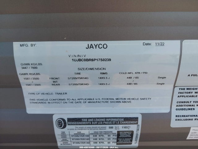 2023 Jayco Jay Flight მანქანა იყიდება აუქციონზე, vin: 1UJBC0BR6P17S0239, აუქციონის ნომერი: 45816369