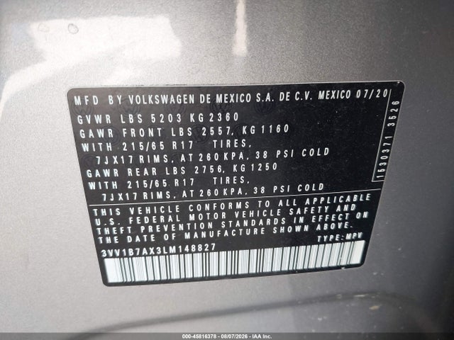 Продаж на аукціоні авто 2020 Volkswagen Tiguan 2.0t S, vin: 3VV1B7AX3LM148827, номер лоту: 45816378