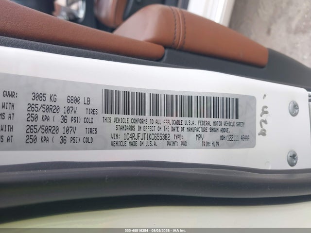45816384 :رقم المزاد ، 1C4RJFJT1KC655382 vin ، 2019 Jeep Grand Cherokee Summit 4x4 مزاد بيع