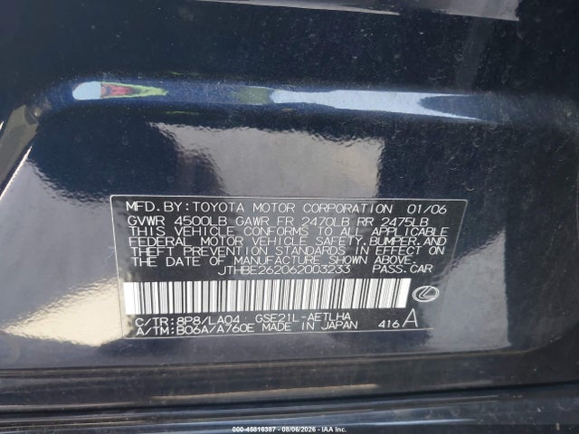 2006 Lexus Is 350 მანქანა იყიდება აუქციონზე, vin: JTHBE262062003233, აუქციონის ნომერი: 45816387