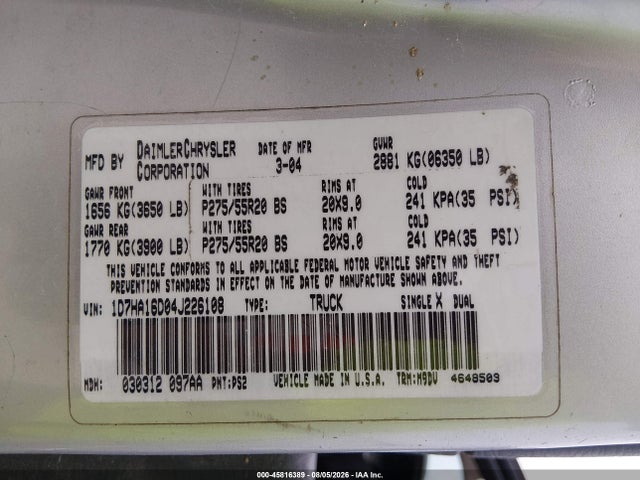 Продаж на аукціоні авто 2004 Dodge Ram 1500 St/slt, vin: 1D7HA16D04J226108, номер лоту: 45816389