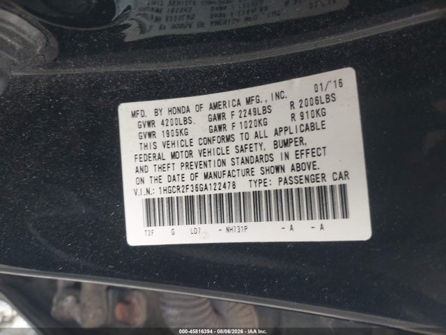 2016 Honda Accord Lx მანქანა იყიდება აუქციონზე, vin: 1HGCR2F36GA122478, აუქციონის ნომერი: 45816394