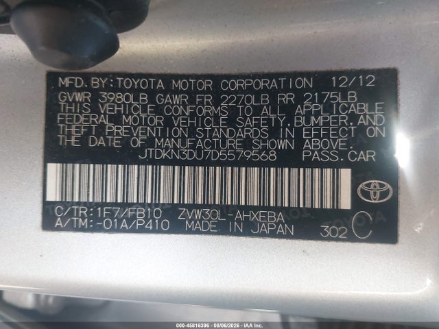 45816396 :رقم المزاد ، JTDKN3DU7D5579568 vin ، 2013 Toyota Prius Three مزاد بيع