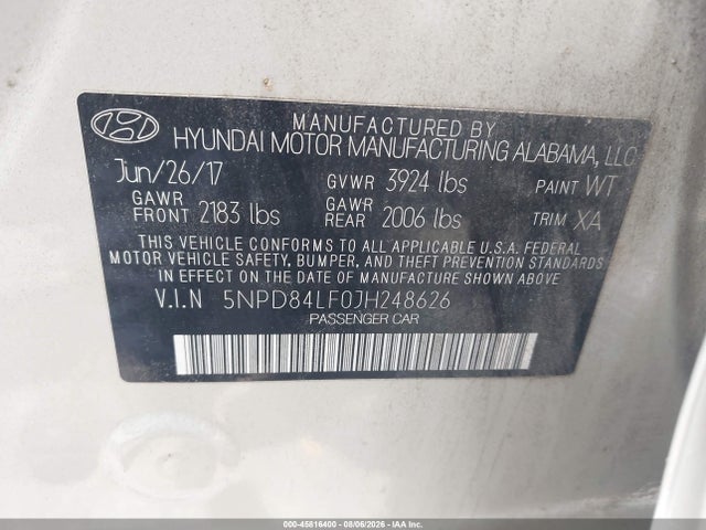 45816400 :رقم المزاد ، 5NPD84LF0JH248626 vin ، 2018 Hyundai Elantra Sel مزاد بيع