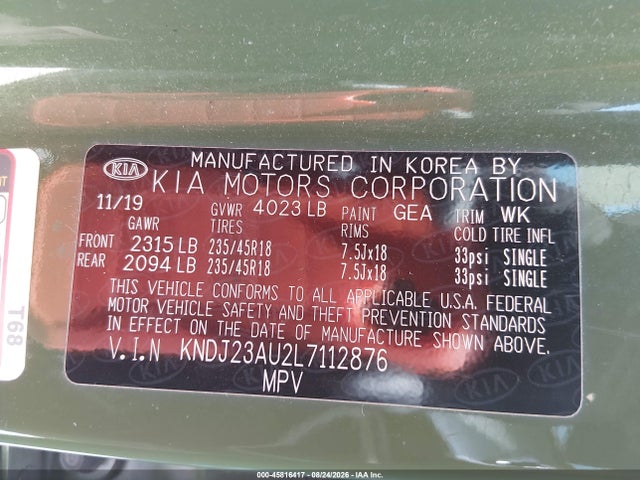 45816417 :رقم المزاد ، KNDJ23AU2L7112876 vin ، 2020 Kia Soul X-line مزاد بيع