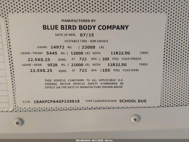 Blue Bird School Bus / Transit Bus 2016 1BAKFCPA4GF320818 Image 9