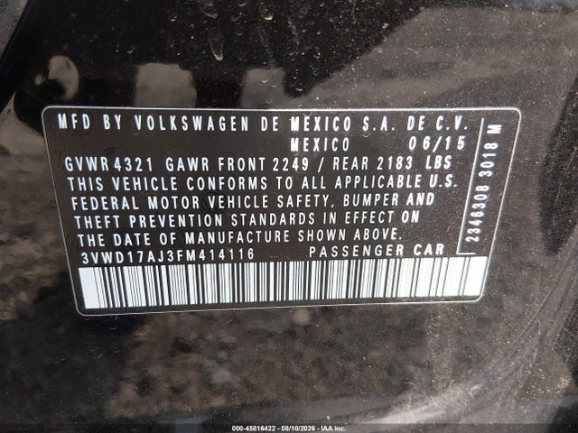 Продаж на аукціоні авто 2015 Volkswagen Jetta 1.8t Se, vin: 3VWD17AJ3FM414116, номер лоту: 45816422