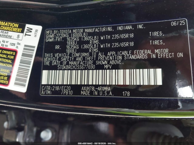 Продажа на аукционе авто 2025 Toyota Highlander Hybrid Xle Nightshade, vin: 5TDKBRCH2SS677690, номер лота: 45816442