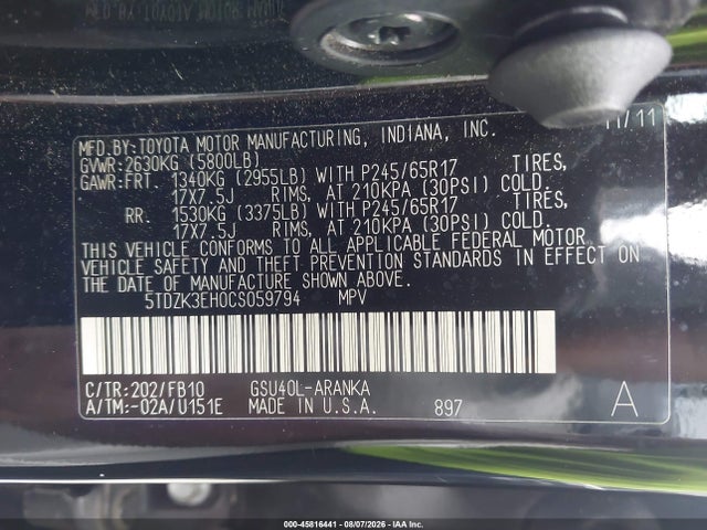 45816441 :رقم المزاد ، 5TDZK3EH0CS059794 vin ، 2012 Toyota Highlander Base V6 مزاد بيع