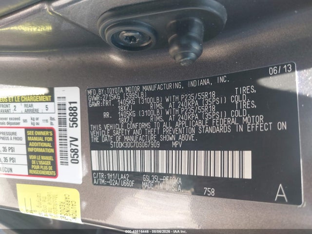 45816446 :رقم المزاد ، 5TDDK3DC7DS067909 vin ، 2013 Toyota Sienna Limited 7 Passenger مزاد بيع