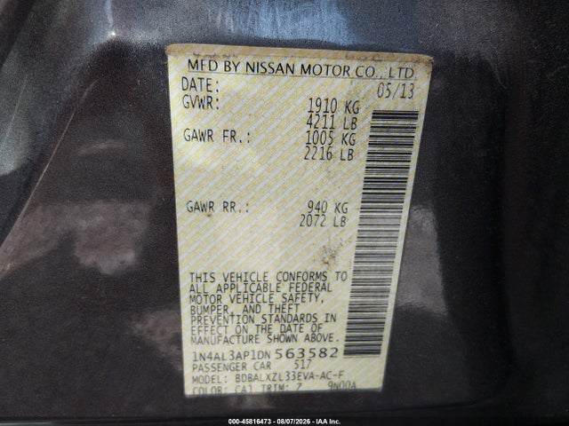 Auction sale of the 2013 Nissan Altima 2.5 Sl, vin: 1N4AL3AP1DN563582, lot number: 45816473