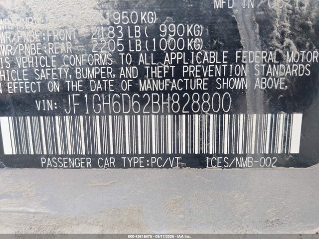 45816475 :رقم المزاد ، JF1GH6D62BH828800 vin ، 2011 Subaru Impreza Outback Sport مزاد بيع