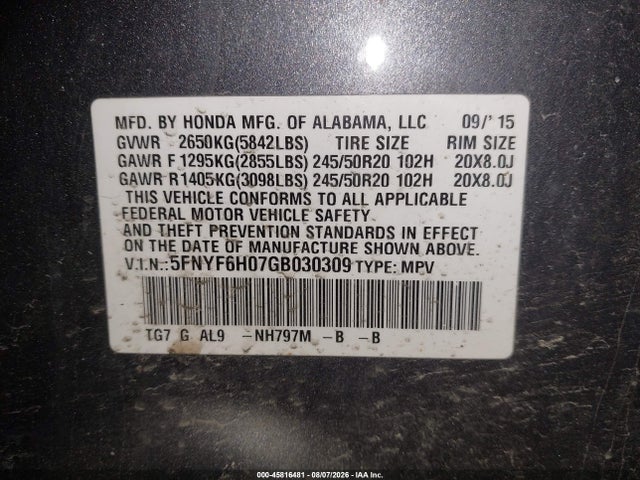 2016 Honda Pilot Elite მანქანა იყიდება აუქციონზე, vin: 5FNYF6H07GB030309, აუქციონის ნომერი: 45816481