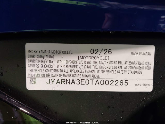 Aukcja sprzedaży 2026 Yamaha Yzf890, vin: JYARNA3E0TA002265, numer aukcji: 45816511
