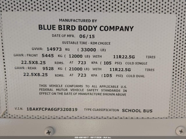 Blue Bird School Bus / Transit Bus 2016 1BAKFCPA6GF320819 Image 9