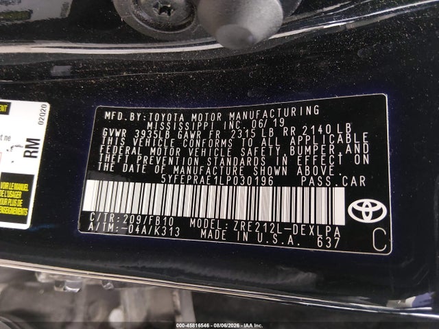 2020 Toyota Corolla Le მანქანა იყიდება აუქციონზე, vin: 5YFEPRAE1LP030196, აუქციონის ნომერი: 45816546