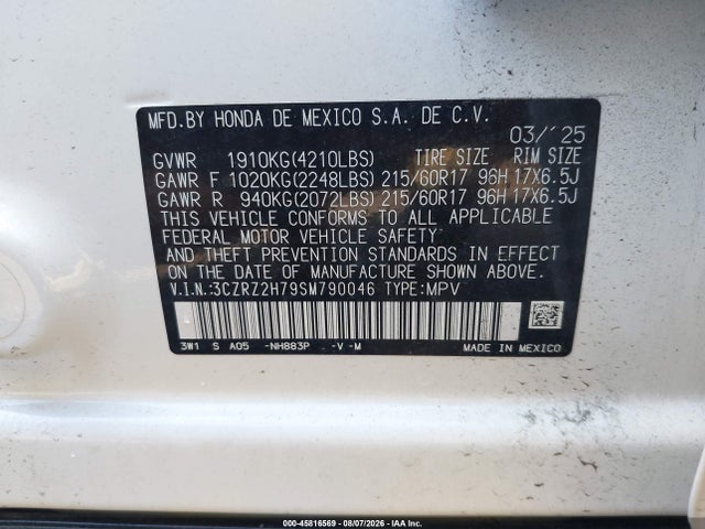 Продаж на аукціоні авто 2025 Honda Hr-v Awd Ex-l, vin: 3CZRZ2H79SM790046, номер лоту: 45816569