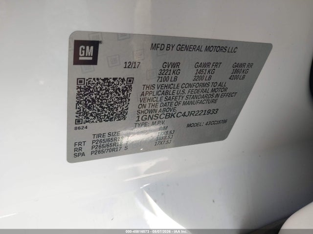 Продаж на аукціоні авто 2018 Chevrolet Tahoe Lt, vin: 1GNSCBKC4JR221933, номер лоту: 45816573