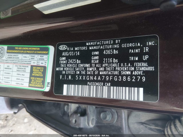Aukcja sprzedaży 2015 Kia Optima Ex, vin: 5XXGN4A79FG386279, numer aukcji: 45816575