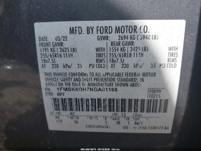 Продаж на аукціоні авто 2022 Ford Explorer Xlt, vin: 1FMSK8DH7NGA81168, номер лоту: 45816579