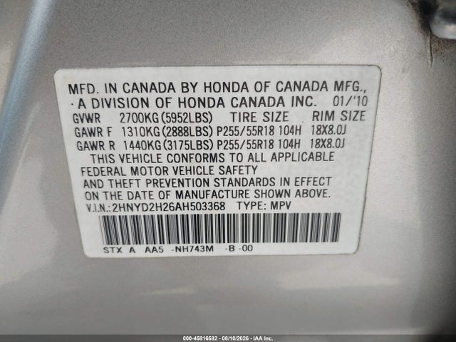 Продаж на аукціоні авто 2010 Acura Mdx, vin: 2HNYD2H26AH503368, номер лоту: 45816582