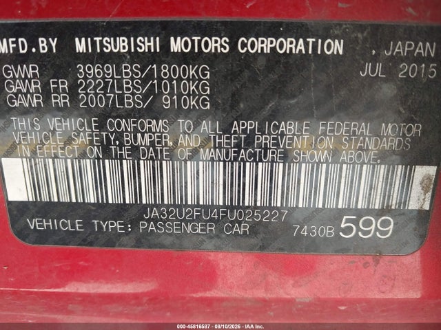2015 Mitsubishi Lancer Es მანქანა იყიდება აუქციონზე, vin: JA32U2FU4FU025227, აუქციონის ნომერი: 45816587