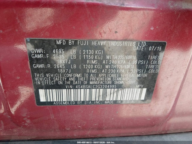 Aukcja sprzedaży 2016 Subaru Outback 2.5i Limited, vin: 4S4BSALC2G3204995, numer aukcji: 45816613
