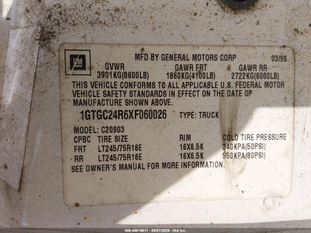45816617 :رقم المزاد ، 1GTGC24R6XF060026 vin ، 1999 Gmc Sierra 2500 Sl (carry-over) مزاد بيع