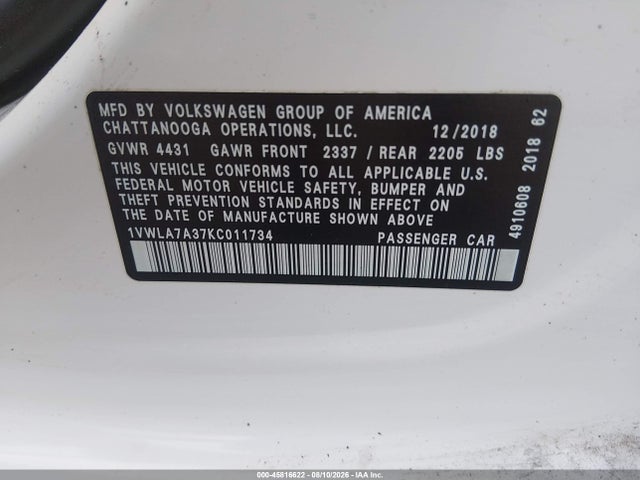 Aukcja sprzedaży 2019 Volkswagen Passat 2.0t Wolfsburg Edition, vin: 1VWLA7A37KC011734, numer aukcji: 45816622