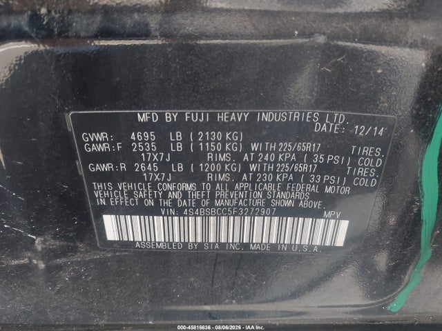 2015 Subaru Outback 2.5i Premium მანქანა იყიდება აუქციონზე, vin: 4S4BSBCC5F3272907, აუქციონის ნომერი: 45816636