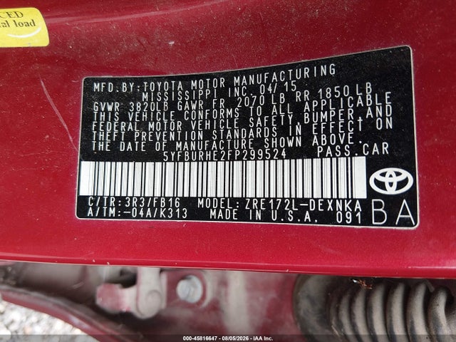 45816647 :رقم المزاد ، 5YFBURHE2FP299524 vin ، 2015 Toyota Corolla Le مزاد بيع