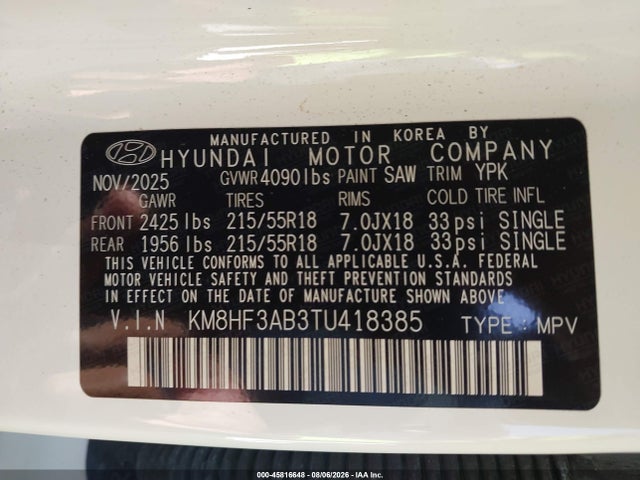 Aukcja sprzedaży 2026 Hyundai Kona Sel Sport, vin: KM8HF3AB3TU418385, numer aukcji: 45816648