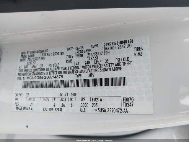 Продаж на аукціоні авто 2016 Ford Escape Se, vin: 1FMCU9G99GUA14875, номер лоту: 45816654