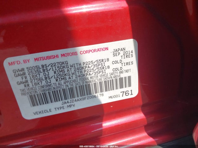 45816664 :رقم المزاد ، JA4JZ4AX9FZ006178 vin ، 2015 Mitsubishi Outlander Gt مزاد بيع