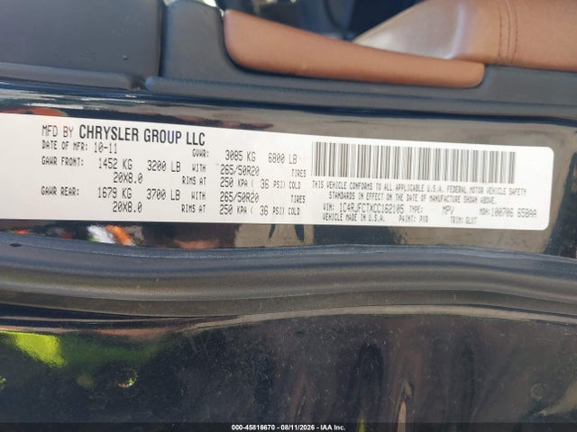 Продажа на аукционе авто 2012 Jeep Grand Cherokee Overland, vin: 1C4RJFCTXCC162105, номер лота: 45816670