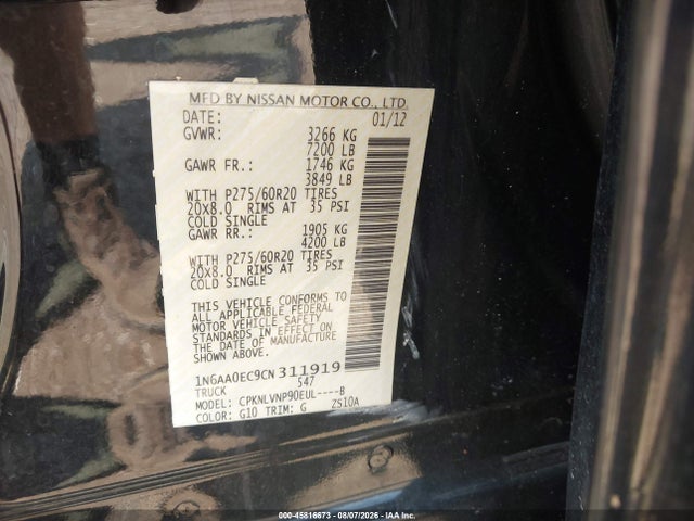 Auction sale of the 2012 Nissan Titan Sl, vin: 1N6AA0EC9CN311919, lot number: 45816673