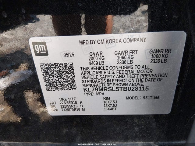 Aukcja sprzedaży 2026 Chevrolet Trailblazer Awd Lt, vin: KL79MRSL5TB028115, numer aukcji: 45816693