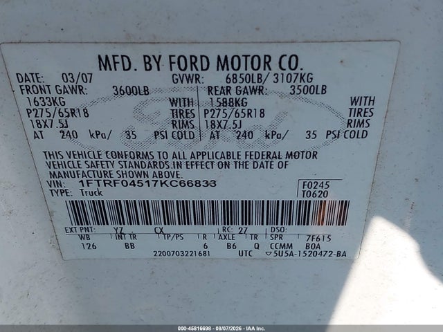 Продаж на аукціоні авто 2007 Ford F-150 Fx4/xlt, vin: 1FTRF04517KC66833, номер лоту: 45816698