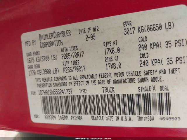 45816700 :رقم المزاد ، 1D7HA18N55S241737 vin ، 2005 Dodge Ram 1500 Slt/laramie مزاد بيع